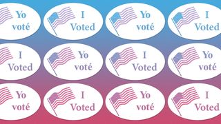 Illustration of a pattern of “I voted” stickers in Spanish and English.